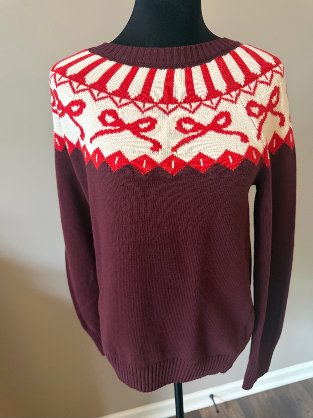 Lands' End NEW Burgundy & White Fair Isle Sweater XSM